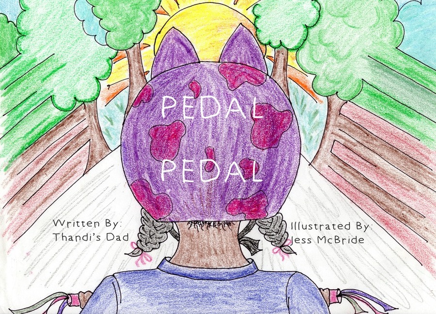 Pedal Pedal book cover — a young girl on her bike heading down a sunny path