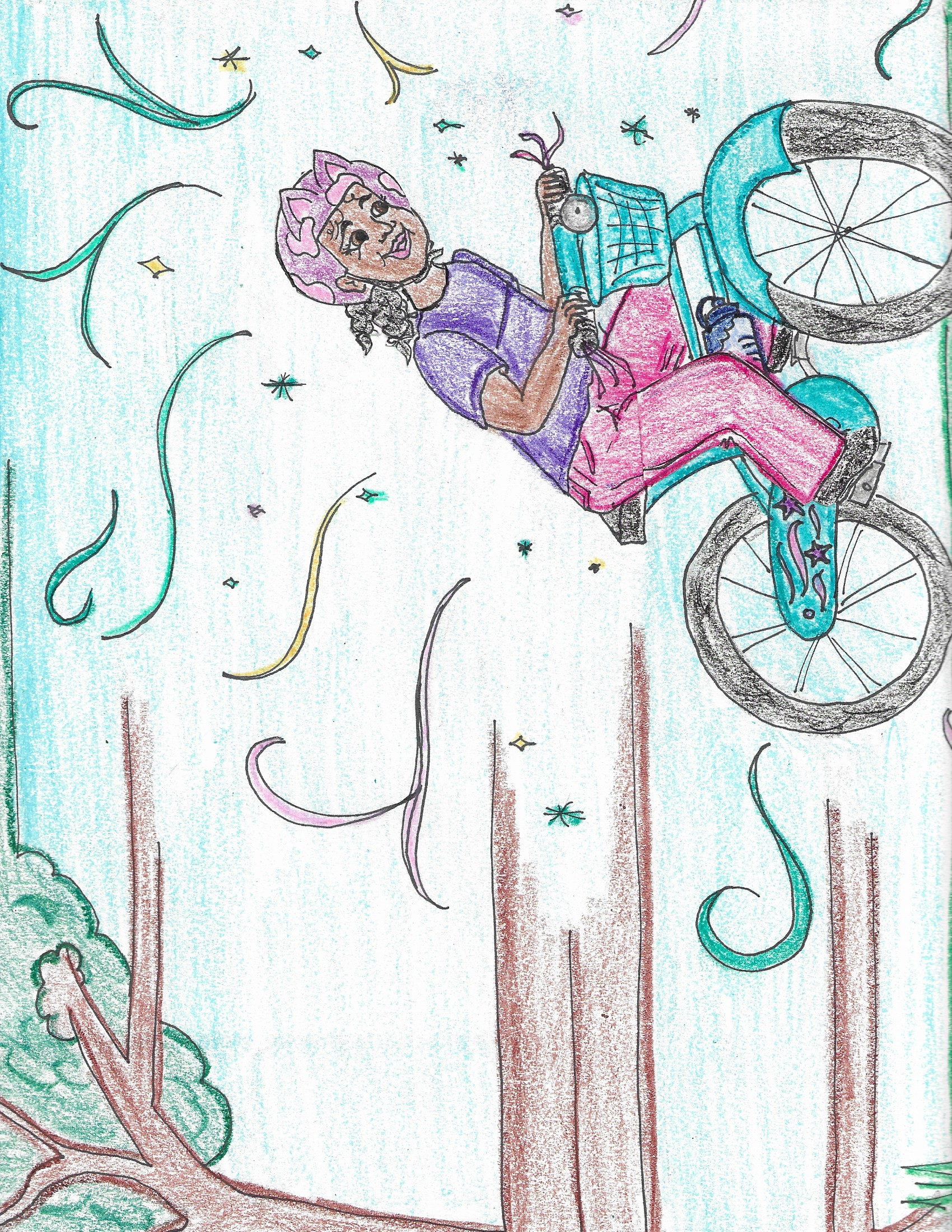Girl flying through the air on her teal bike